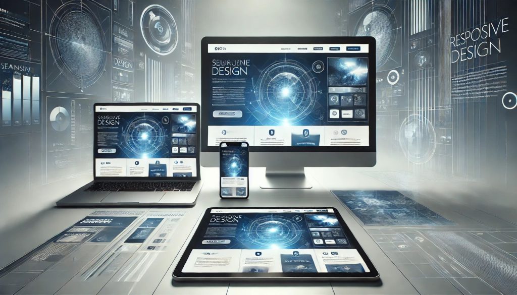 A modern and sleek web design concept showcasing responsive website elements adapting seamlessly across multiple devices, including desktops, tablets, and smartphones.