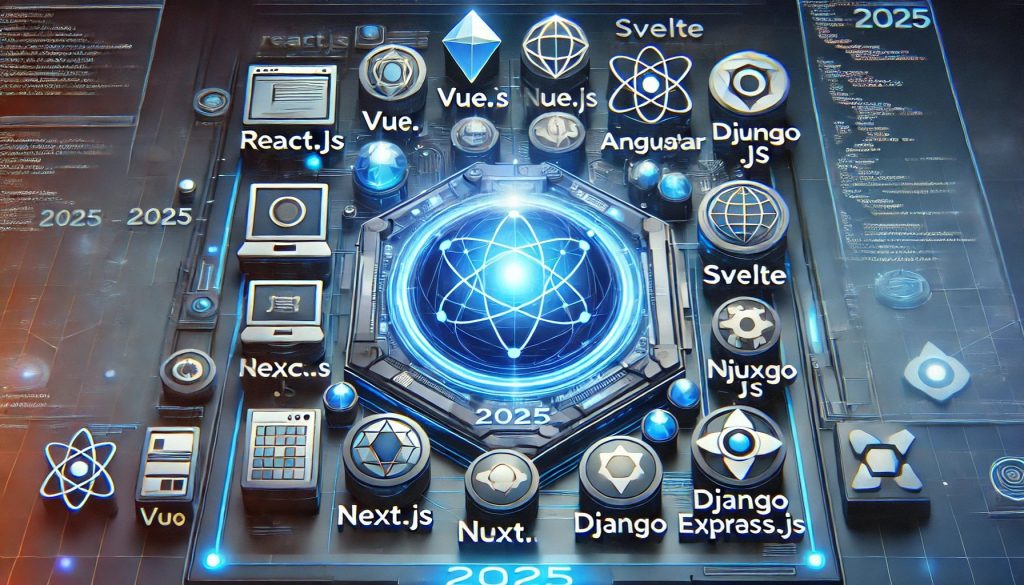 A visually engaging digital graphic showcasing the top web development frameworks of 2025, featuring modern programming languages and futuristic UI design elements.