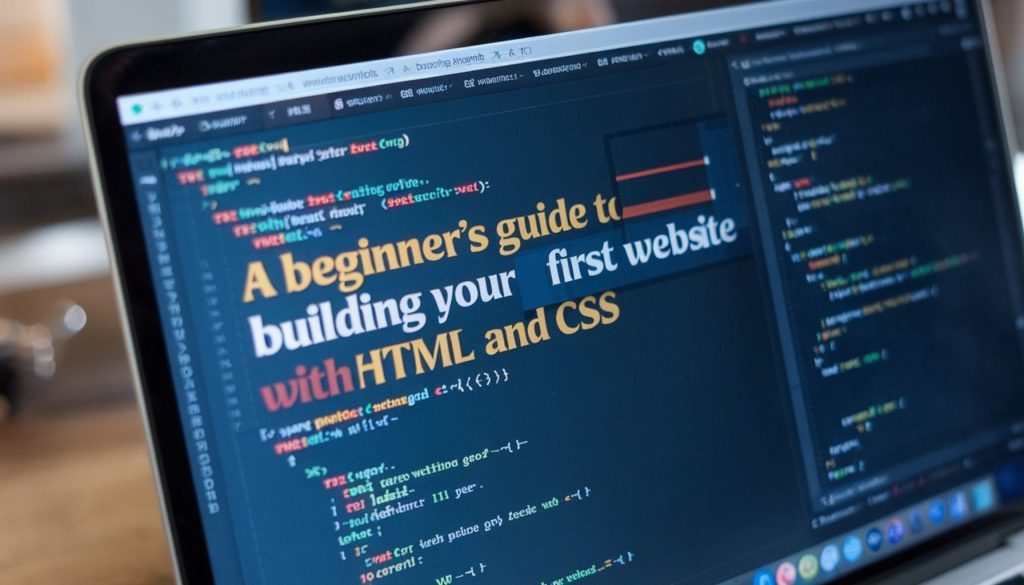 A visually engaging digital illustration showcasing a beginner-friendly HTML and CSS web design process, featuring a structured website layout, code snippets, and design elements.