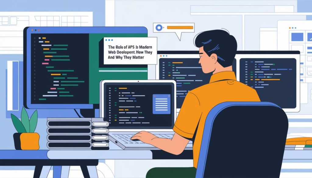 A digital illustration showcasing API integration in modern web development, featuring interconnected application components, cloud services, and data flow.