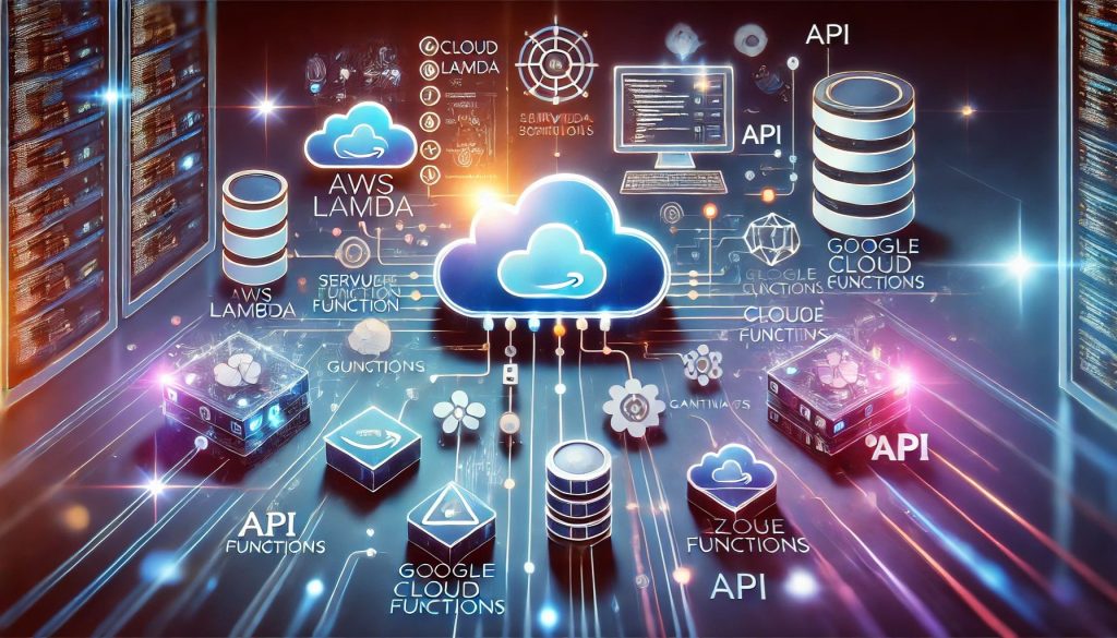 A futuristic digital illustration representing serverless architecture, featuring cloud-based connections, data flow diagrams, and modern web development elements.