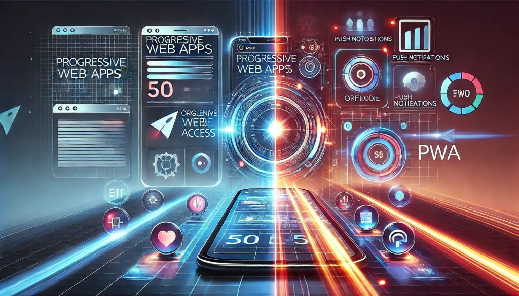 A futuristic digital illustration showcasing Progressive Web Apps (PWAs) enhancing mobile web experiences with fast loading speeds, offline access, and app-like functionality.