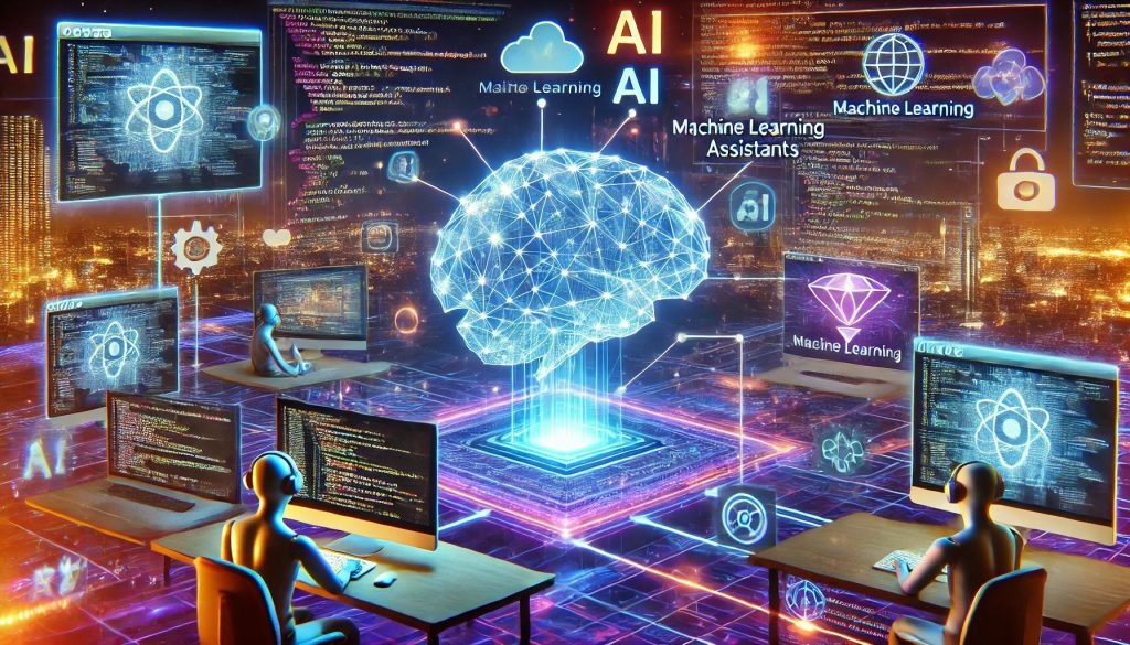 A next-generation digital illustration showcasing the transformative power of AI and machine learning in web development, featuring intelligent automation, predictive design, and adaptive user experiences.