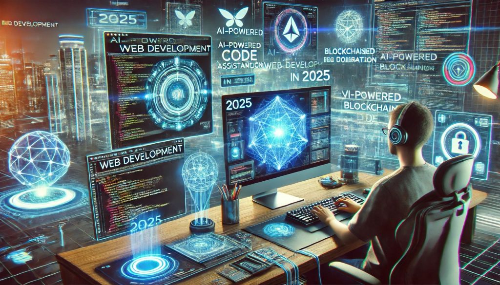 A futuristic digital illustration showcasing key web development trends for 2025, featuring AI, blockchain, cloud computing, and modern coding technologies shaping the future of web applications.