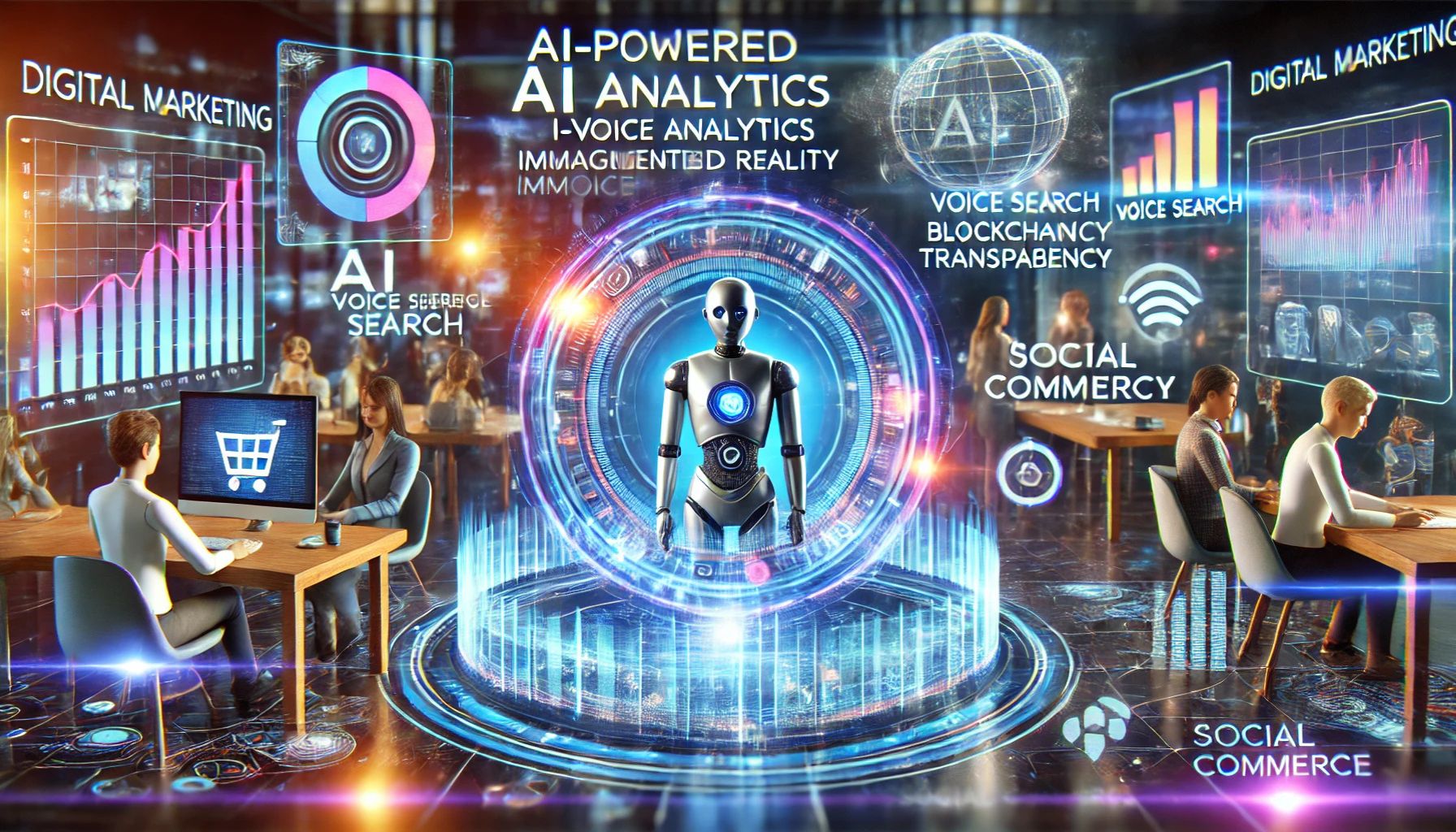 A futuristic digital marketing workspace with AI-powered analytics, holographic screens, voice search technology, and blockchain transparency, illustrating key trends in 2025.