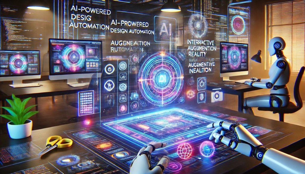 A futuristic web design workspace with AI-driven automation, immersive UI elements, holographic screens, and accessibility-focused layouts, showcasing the future of web development.