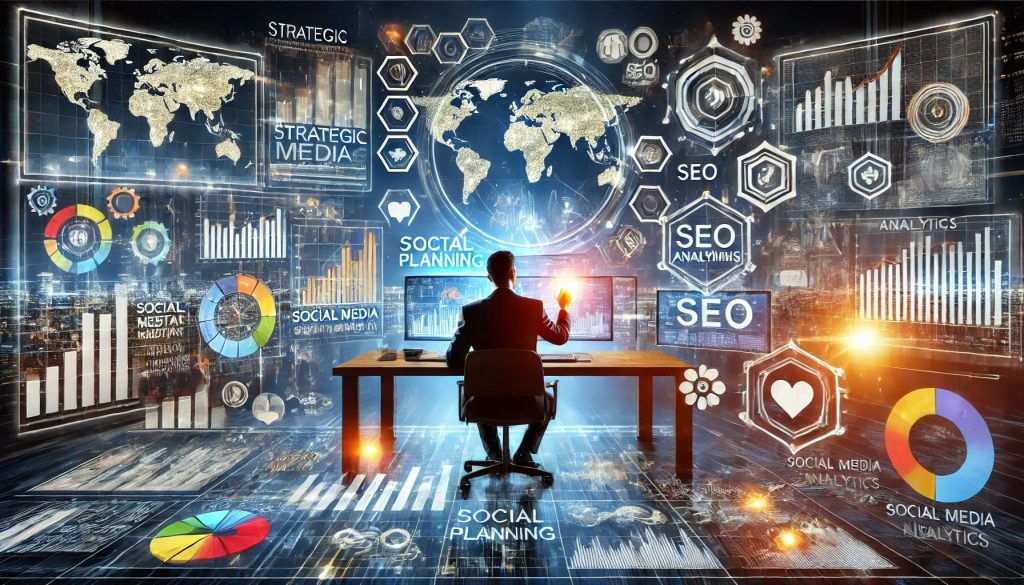 A dynamic digital marketing concept featuring strategic planning, analytics, and engagement tools, representing a successful business strategy.