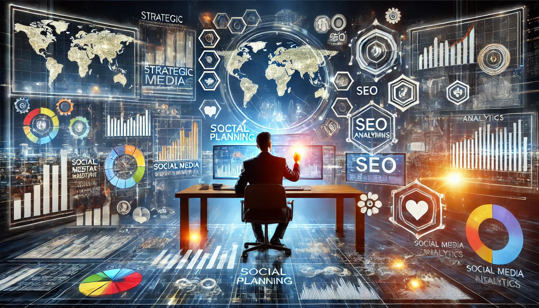 A dynamic digital marketing concept featuring strategic planning, analytics, and engagement tools, representing a successful business strategy.