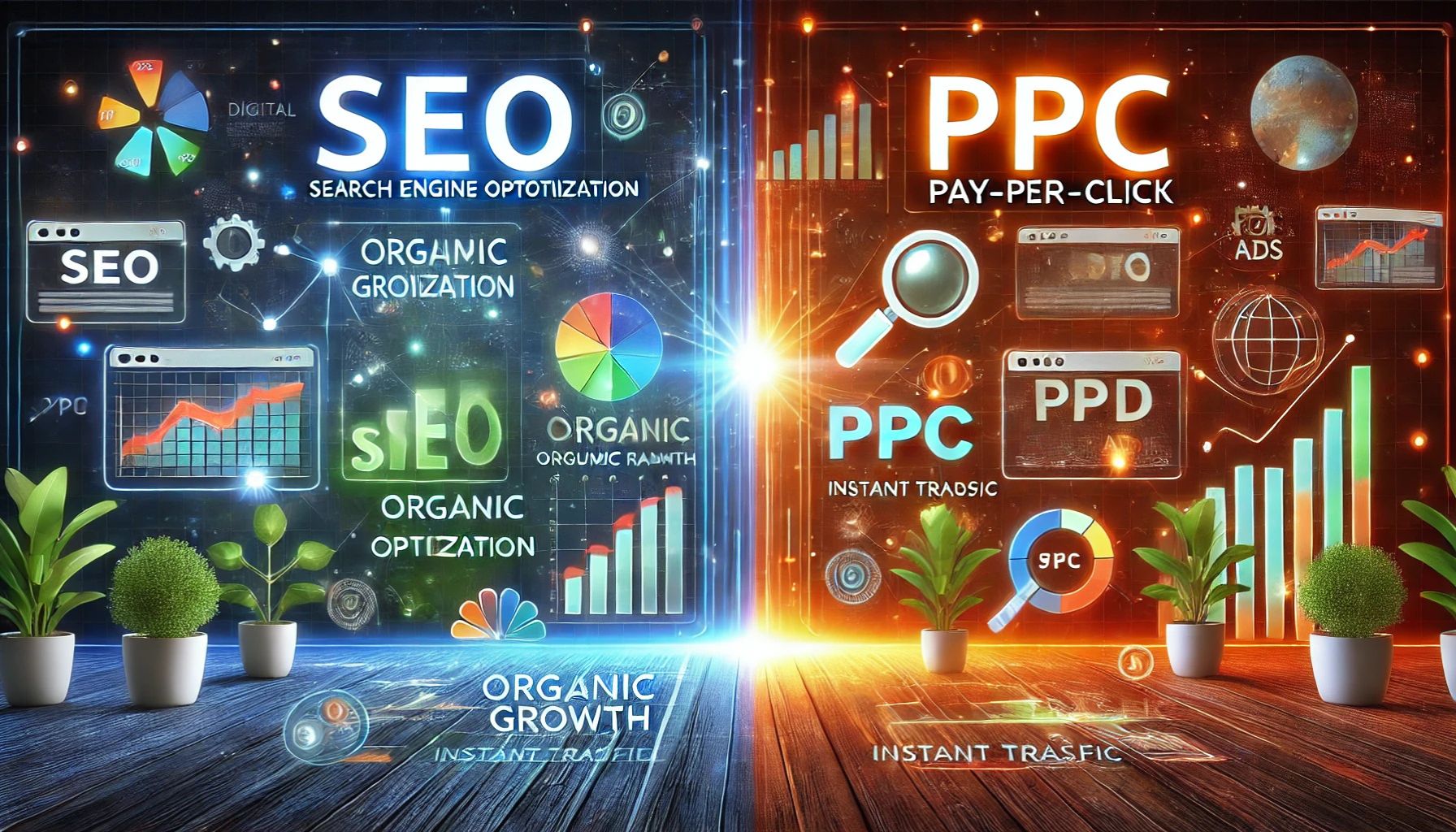 A futuristic digital illustration showcasing the comparison between SEO and PPC marketing strategies, with SEO represented by organic growth, website rankings, and keywords, while PPC is highlighted by paid ads, instant traffic, and online advertising. The image features a high-tech theme with glowing analytics and marketing icons.