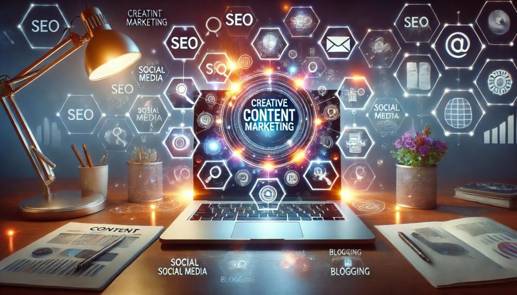 A visually compelling digital illustration showcasing content marketing strategies, featuring blog posts, social media engagement, and SEO optimization for audience growth.