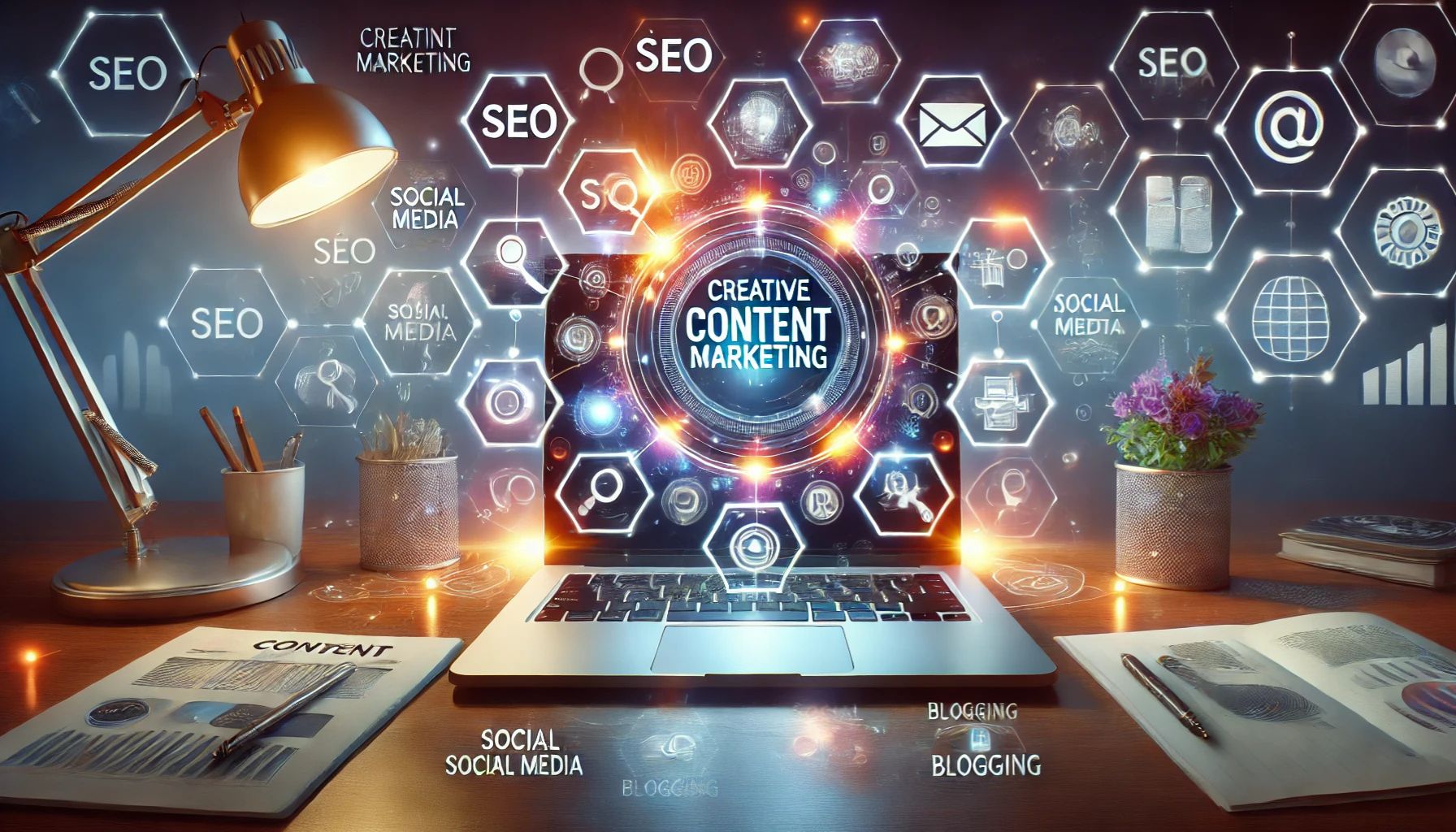 A visually compelling digital illustration showcasing content marketing strategies, featuring blog posts, social media engagement, and SEO optimization for audience growth.