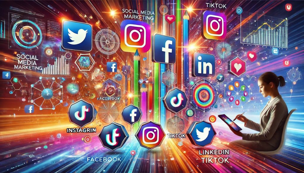A dynamic digital illustration showcasing social media marketing best practices, featuring various social media icons, analytics charts, and engagement strategies in a futuristic design.