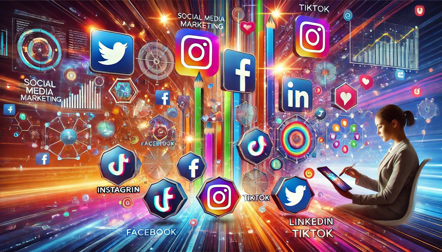 A dynamic digital illustration showcasing social media marketing best practices, featuring various social media icons, analytics charts, and engagement strategies in a futuristic design.