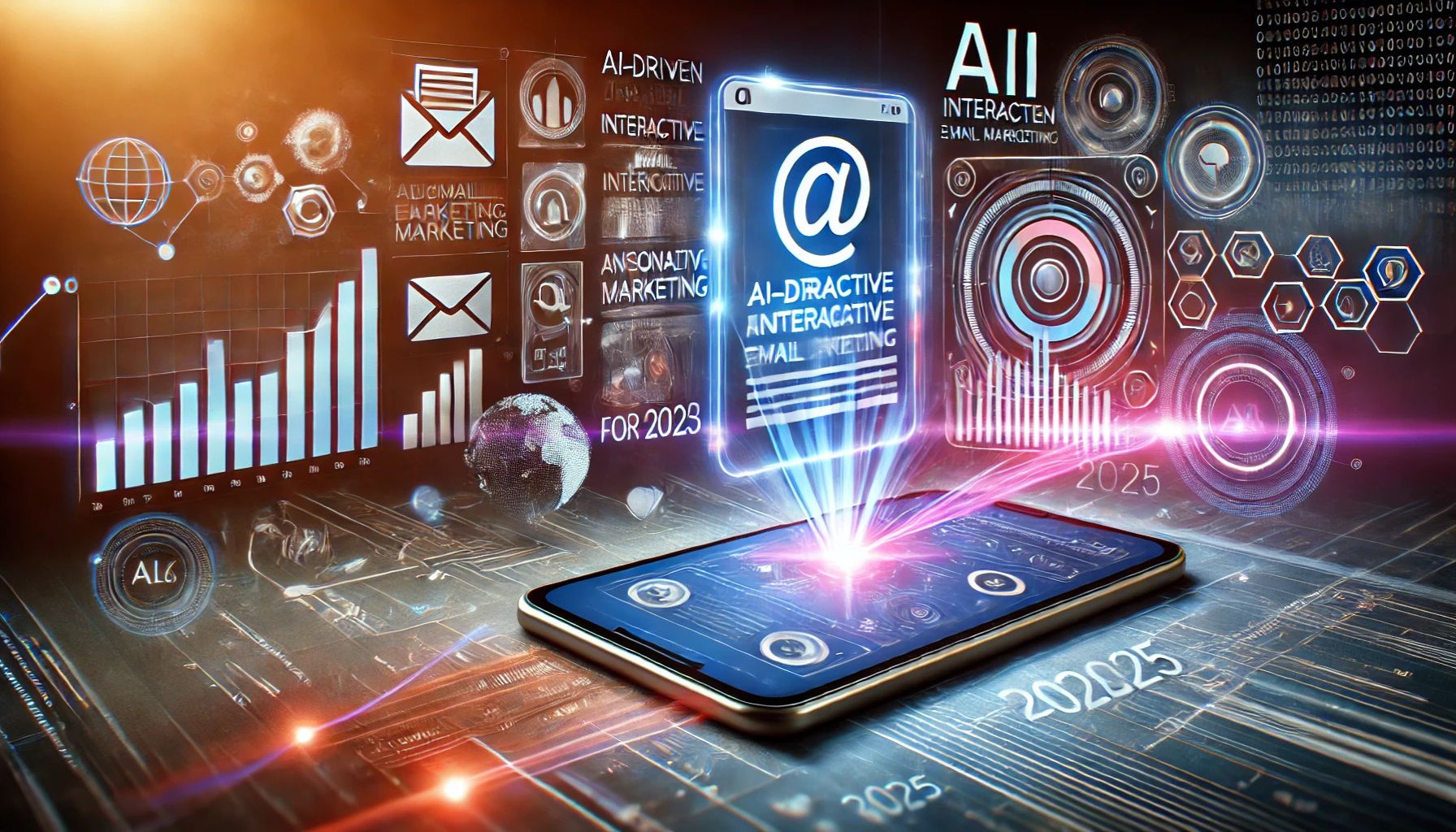 A futuristic digital illustration showcasing AI-driven, interactive, and mobile-friendly email marketing strategies for 2025, designed for maximum engagement and conversions.
