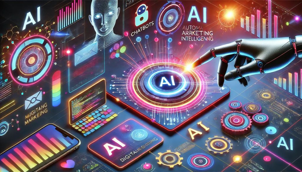 A futuristic digital illustration showcasing the transformative power of AI and automation in modern digital marketing strategies.
