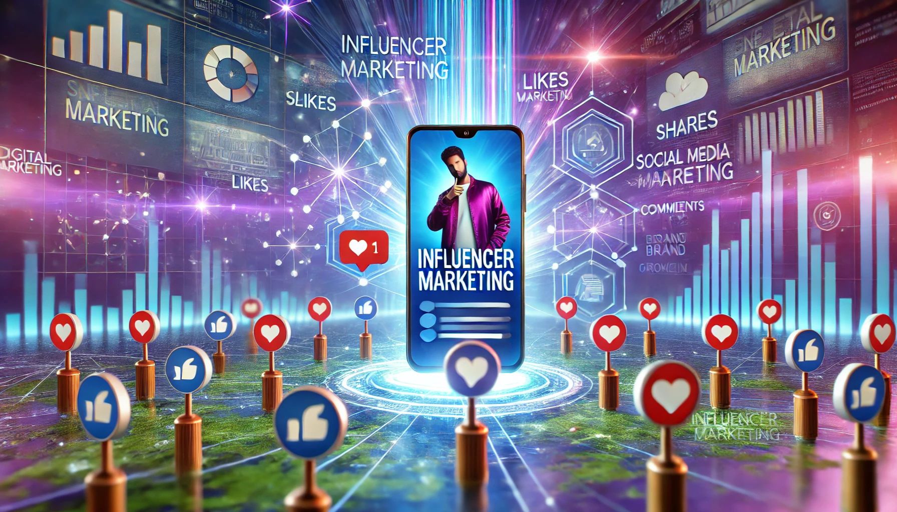 Illustration of influencer marketing featuring a social media influencer promoting a product on a smartphone screen, surrounded by engagement icons like likes, shares, and comments, set against a futuristic digital background.