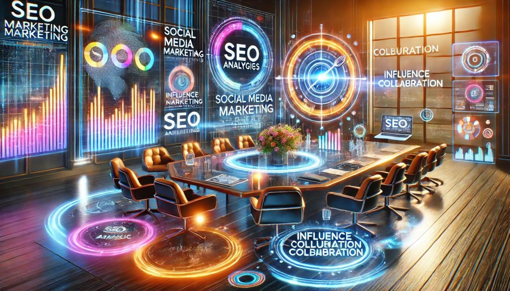 A futuristic digital marketing workspace displaying brand-building strategies, SEO analytics, social media engagement, and influencer collaborations on holographic screens.