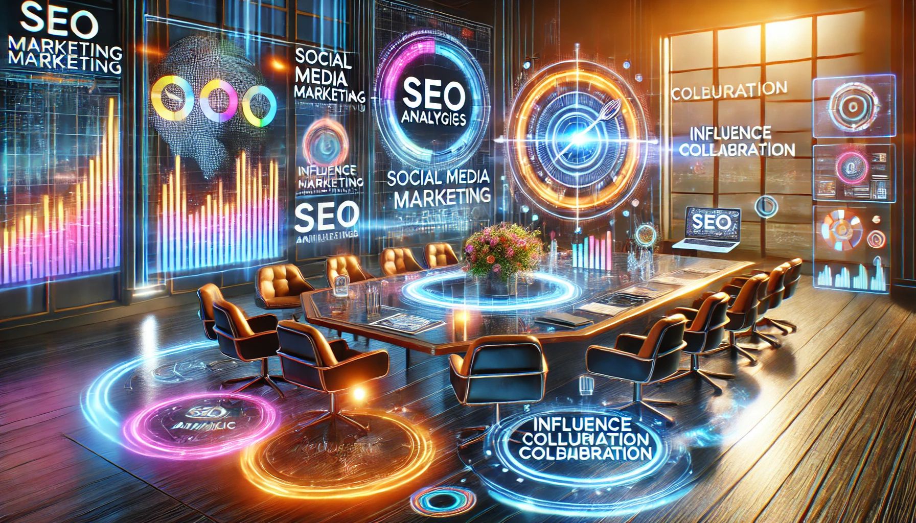 A futuristic digital marketing workspace displaying brand-building strategies, SEO analytics, social media engagement, and influencer collaborations on holographic screens.