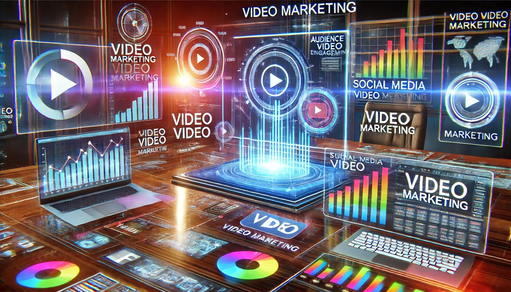 A futuristic digital marketing workspace displaying video analytics, audience engagement graphs, and social media video performance metrics on holographic screens.