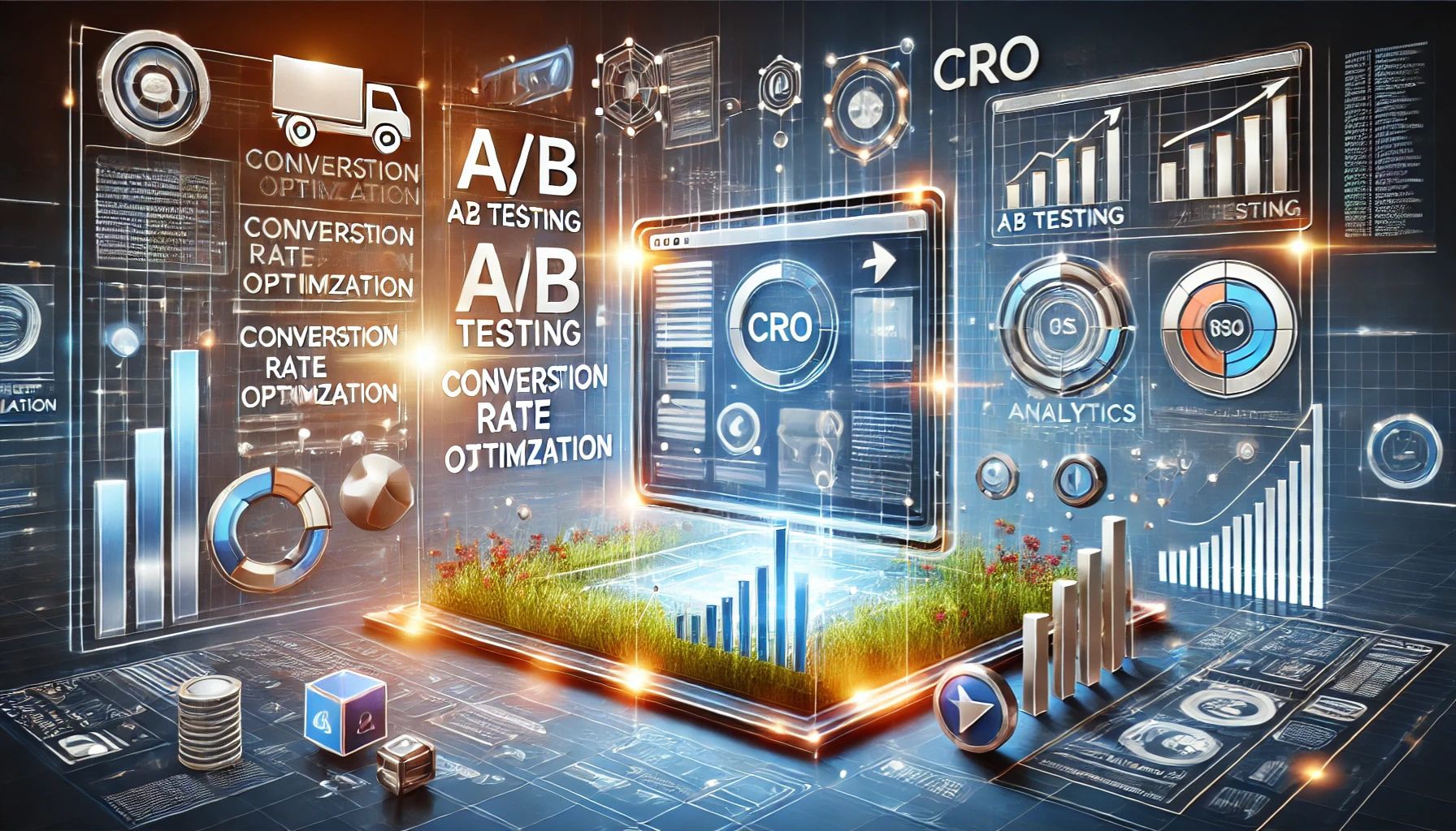 A visually engaging digital illustration representing Conversion Rate Optimization (CRO), showcasing data-driven marketing, A/B testing, and strategic user experience enhancements to increase website conversions.