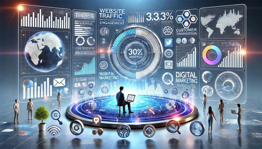 A futuristic digital marketing dashboard displaying data analytics, with a digital marketer analyzing charts and graphs on a laptop. Floating icons represent marketing metrics, website traffic, customer engagement, and social media insights, set against a tech-inspired blue and purple background.
