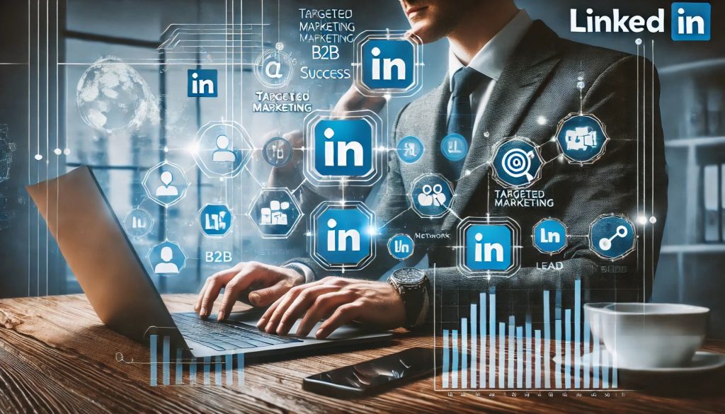 A business professional using a laptop to analyze LinkedIn marketing analytics and engagement metrics, with floating LinkedIn icons, business network connections, and data graphs symbolizing B2B lead generation, targeted marketing strategies, and brand growth. The corporate-themed background in blue and white tones represents professionalism, digital success, and online networking.