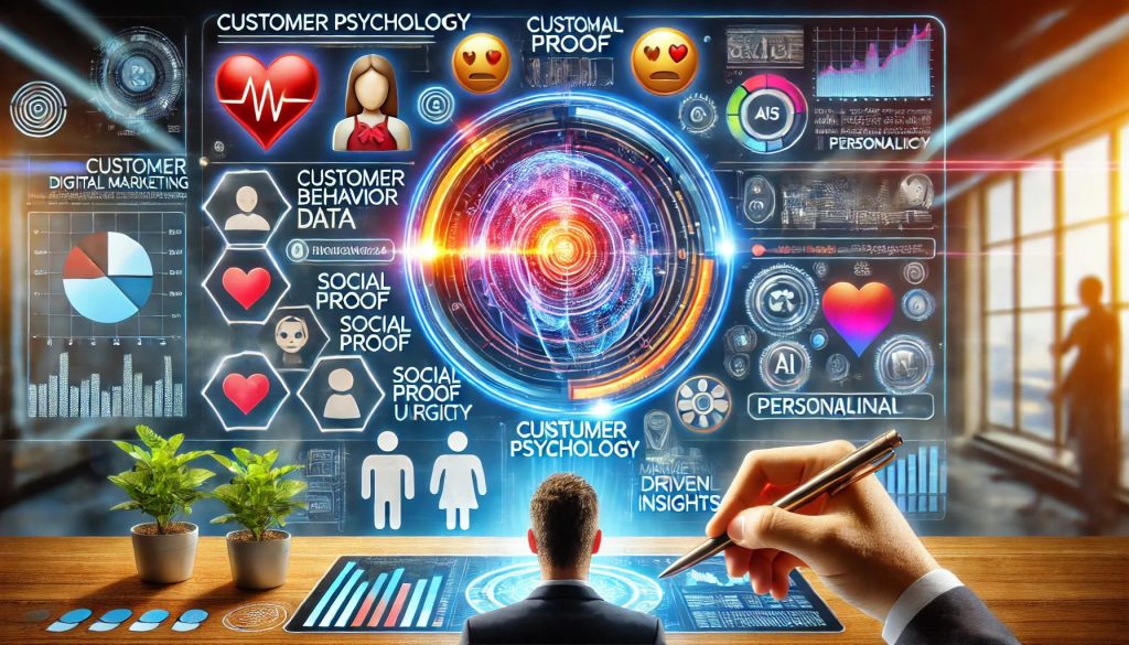 A marketer analyzing customer behavior data on a futuristic dashboard, surrounded by icons representing emotions, social proof, urgency, and personalization in digital marketing.