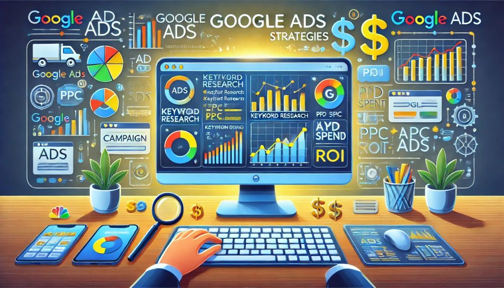 A digital illustration showcasing Google Ads strategies, featuring a computer screen with a Google Ads dashboard, keyword research, PPC bidding, and marketing analytics surrounded by digital advertising elements.