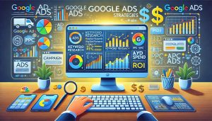 A digital illustration showcasing Google Ads strategies, featuring a computer screen with a Google Ads dashboard, keyword research, PPC bidding, and marketing analytics surrounded by digital advertising elements.