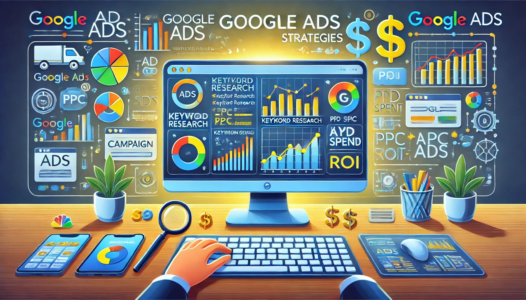 A digital illustration showcasing Google Ads strategies, featuring a computer screen with a Google Ads dashboard, keyword research, PPC bidding, and marketing analytics surrounded by digital advertising elements.