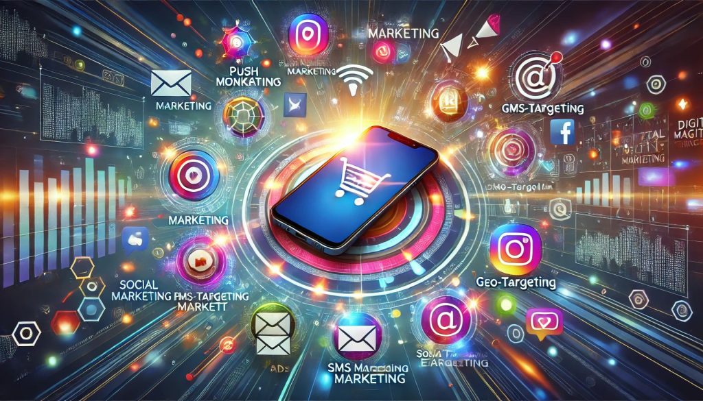 A dynamic digital illustration representing mobile marketing strategies, showcasing mobile devices, app notifications, and social media engagement.