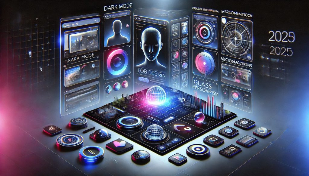 A futuristic digital illustration showcasing the top web design trends of 2025, featuring AI-driven UI, immersive 3D elements, and a sleek, modern aesthetic.