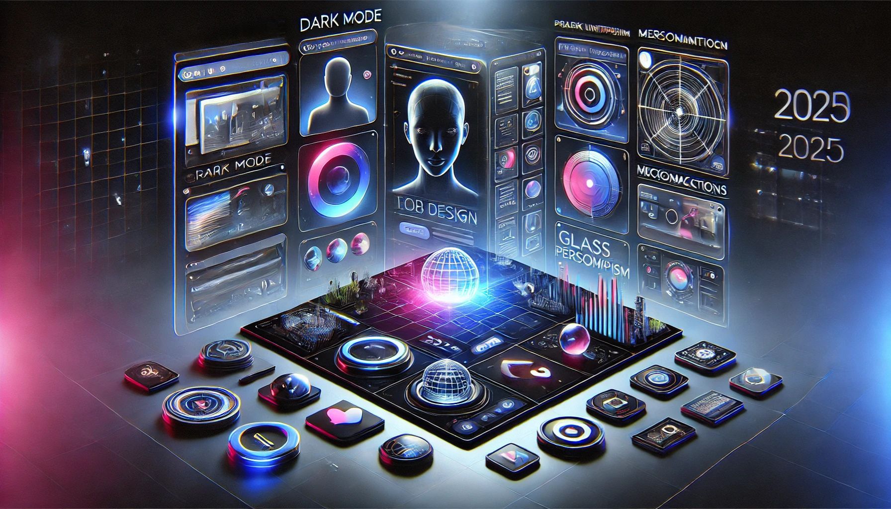 A futuristic digital illustration showcasing the top web design trends of 2025, featuring AI-driven UI, immersive 3D elements, and a sleek, modern aesthetic.