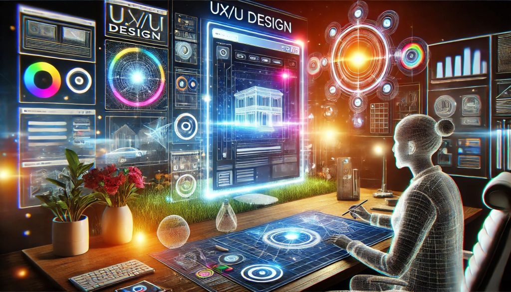 A futuristic digital illustration depicting a designer working on a modern website interface, highlighting UX/UI design principles, wireframing, and seamless user experience in a sleek, creative workspace.