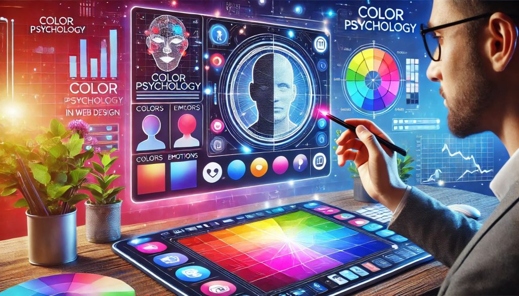 A visually engaging digital illustration showcasing the impact of color psychology in web design, featuring vibrant color palettes and user interaction elements.