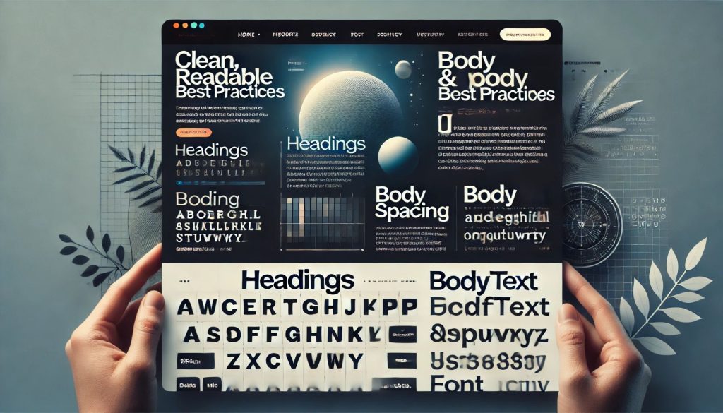 A modern web design layout showcasing typography best practices, with clean, readable fonts, proper spacing, and contrasting colors.