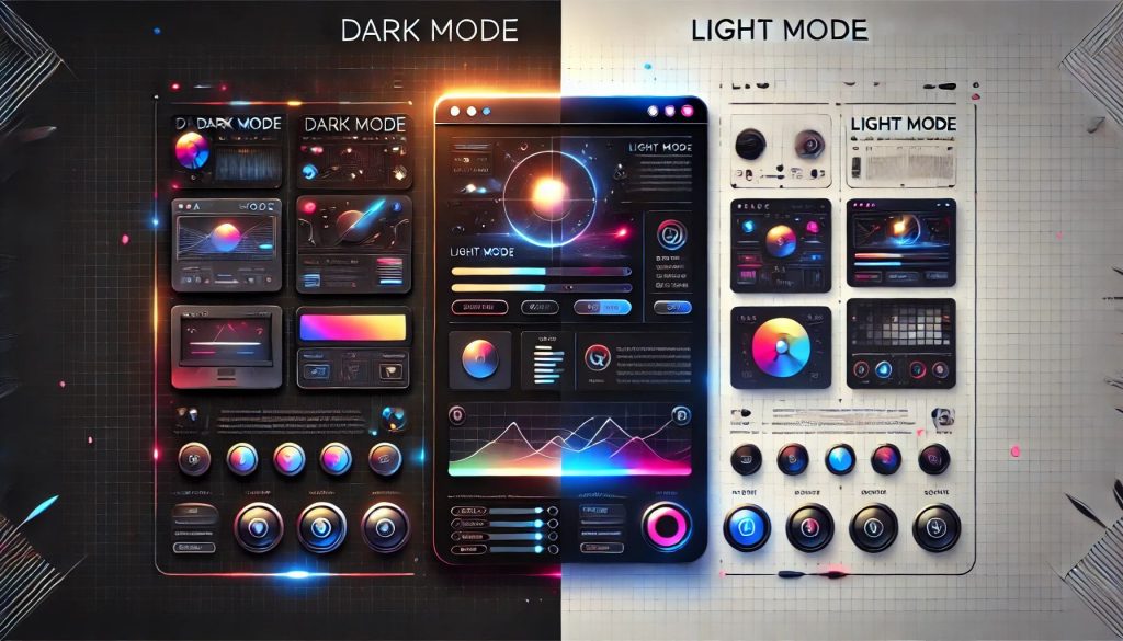A split-screen web design image showcasing dark mode on one side with a dark background and light text, and light mode on the other side with a bright background and dark text.