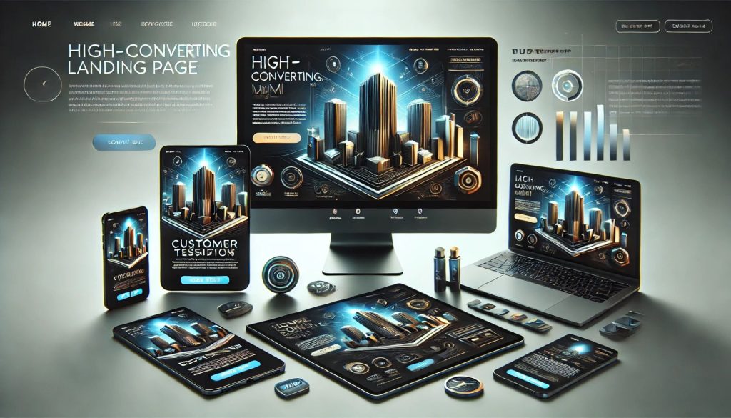 A sleek, modern landing page design displayed on desktop, tablet, and mobile devices, featuring a bold headline, clear CTA button, and engaging content elements optimized for high conversions.