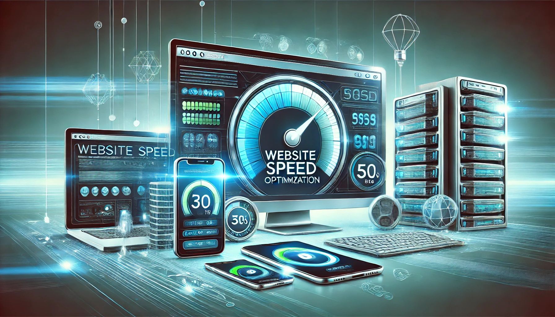 A visually engaging digital illustration representing website speed optimization, featuring a high-speed loading bar, performance graphs, and web design elements enhancing user experience.